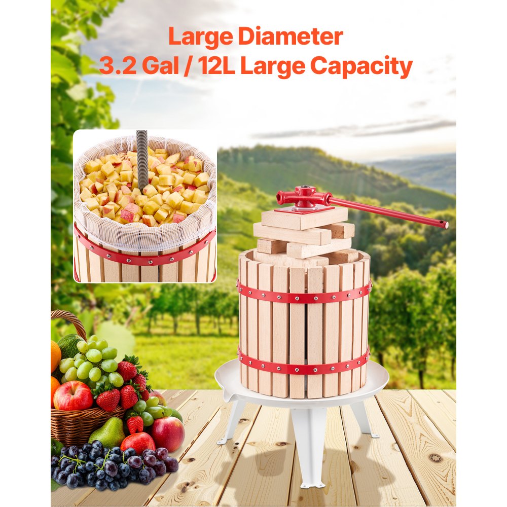 VEVOR Fruit Wine Press Manual Press for Wine Making 3.2 Gal/12L Wood Basket
