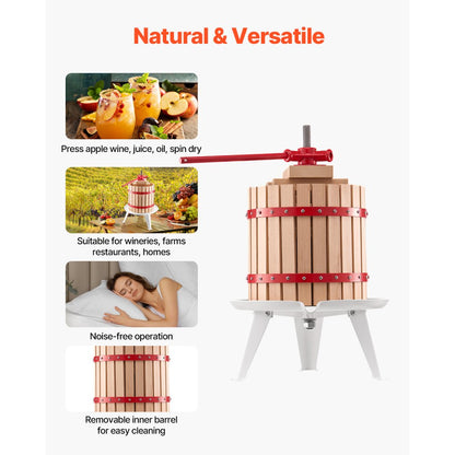 VEVOR Fruit Wine Press Manual Press for Wine Making 3.2 Gal/12L Wood Basket