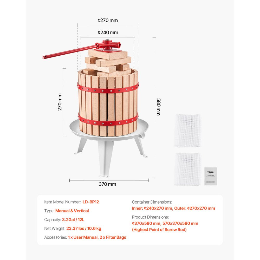 VEVOR Fruit Wine Press Manual Press for Wine Making 3.2 Gal/12L Wood Basket