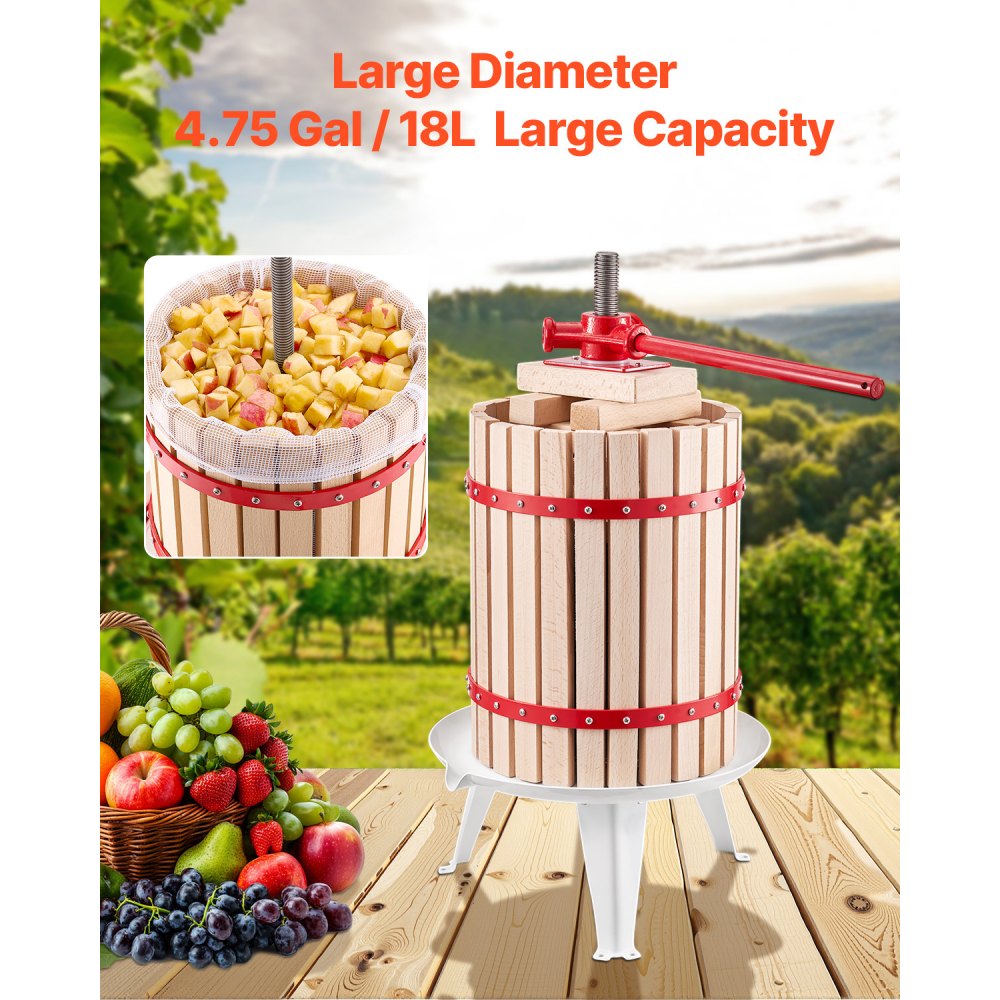 VEVOR Fruit Wine Press Manual Press for Wine Making 4.75 Gal/18L Wood Basket