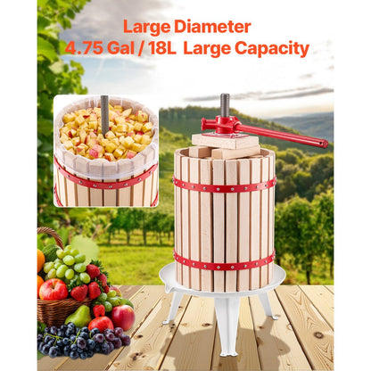 VEVOR Fruit Wine Press Manual Press for Wine Making 4.75 Gal/18L Wood Basket