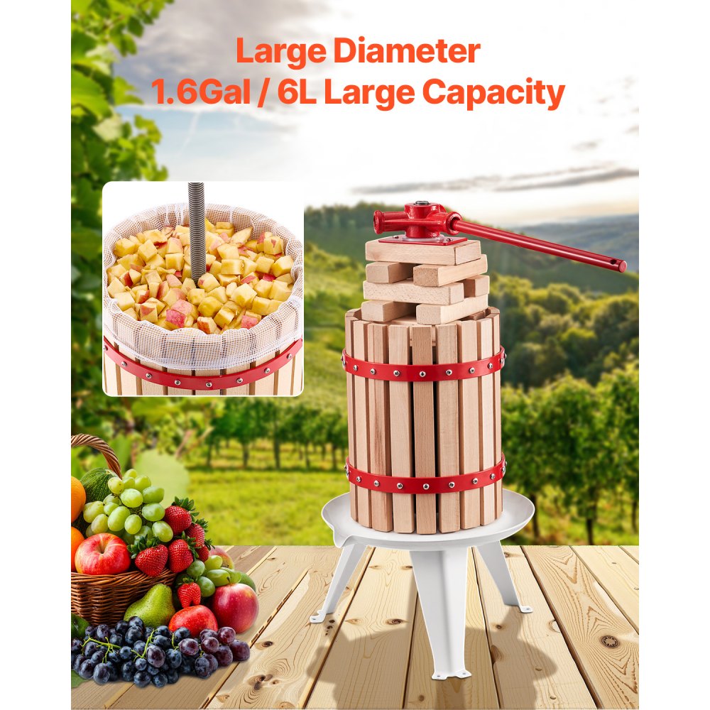 VEVOR Fruit Wine Press Manual Press for Wine Making 1.6 Gal/6L Wood Basket