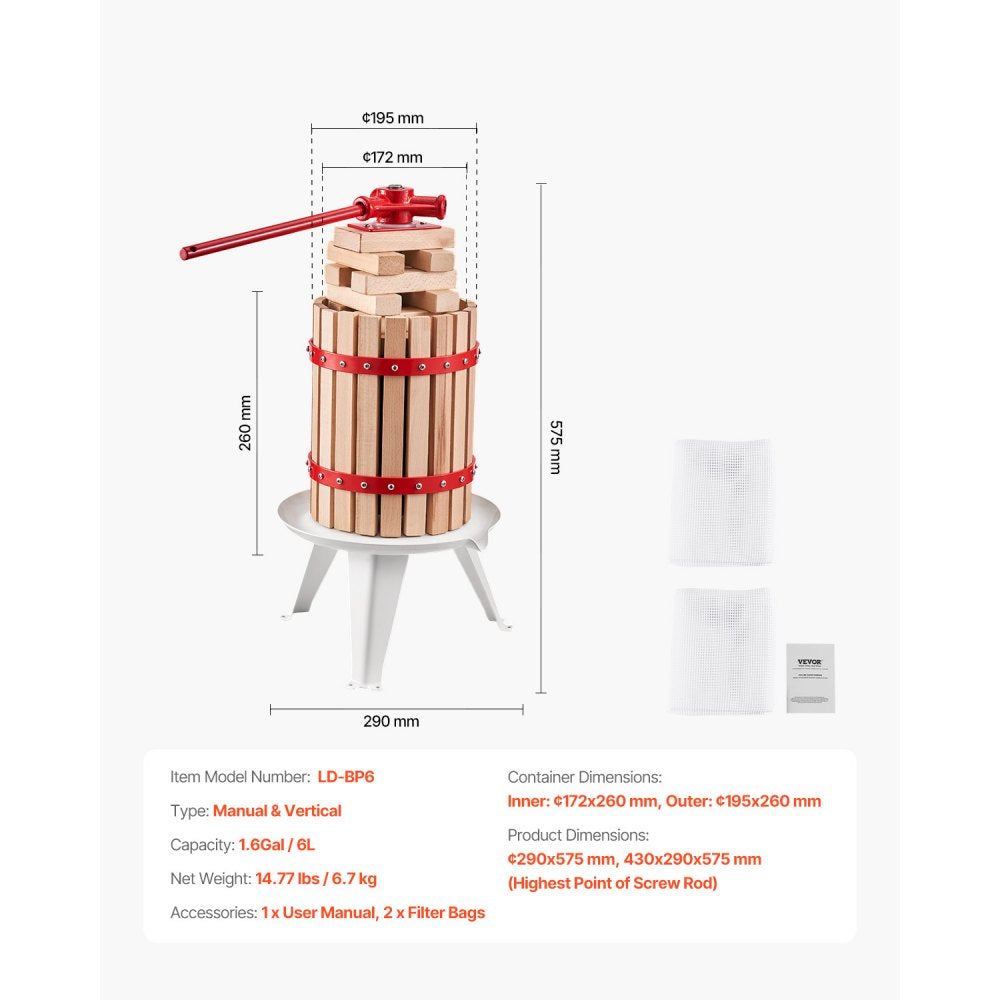 VEVOR Fruit Wine Press Manual Press for Wine Making 1.6 Gal/6L Wood Basket