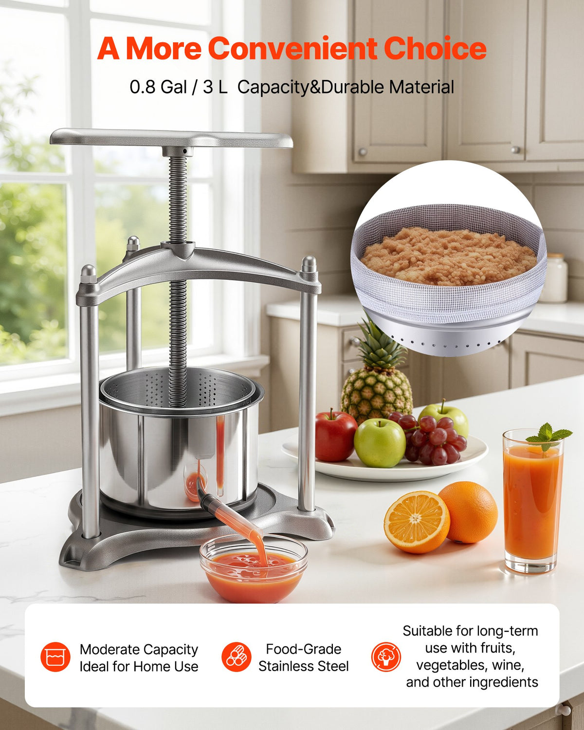 Fruit Wine Press, 0.8 Gallon/3L, Stainless Steel Manual Juice Maker with Powerful T-Shaped Handle, Juice Making for Apple/Grape/Orange/Berry, Cheese/Tincture/Herbal Press, for Kitchen Home