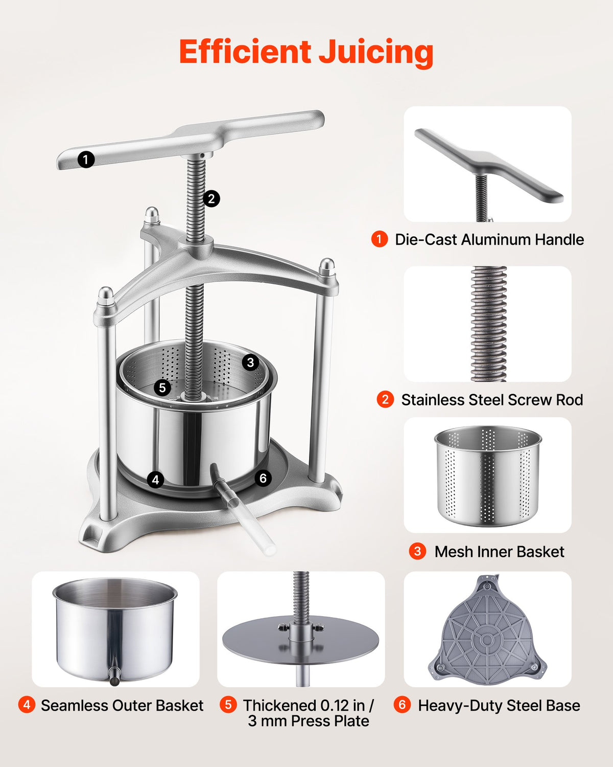 Fruit Wine Press, 0.8 Gallon/3L, Stainless Steel Manual Juice Maker with Powerful T-Shaped Handle, Juice Making for Apple/Grape/Orange/Berry, Cheese/Tincture/Herbal Press, for Kitchen Home