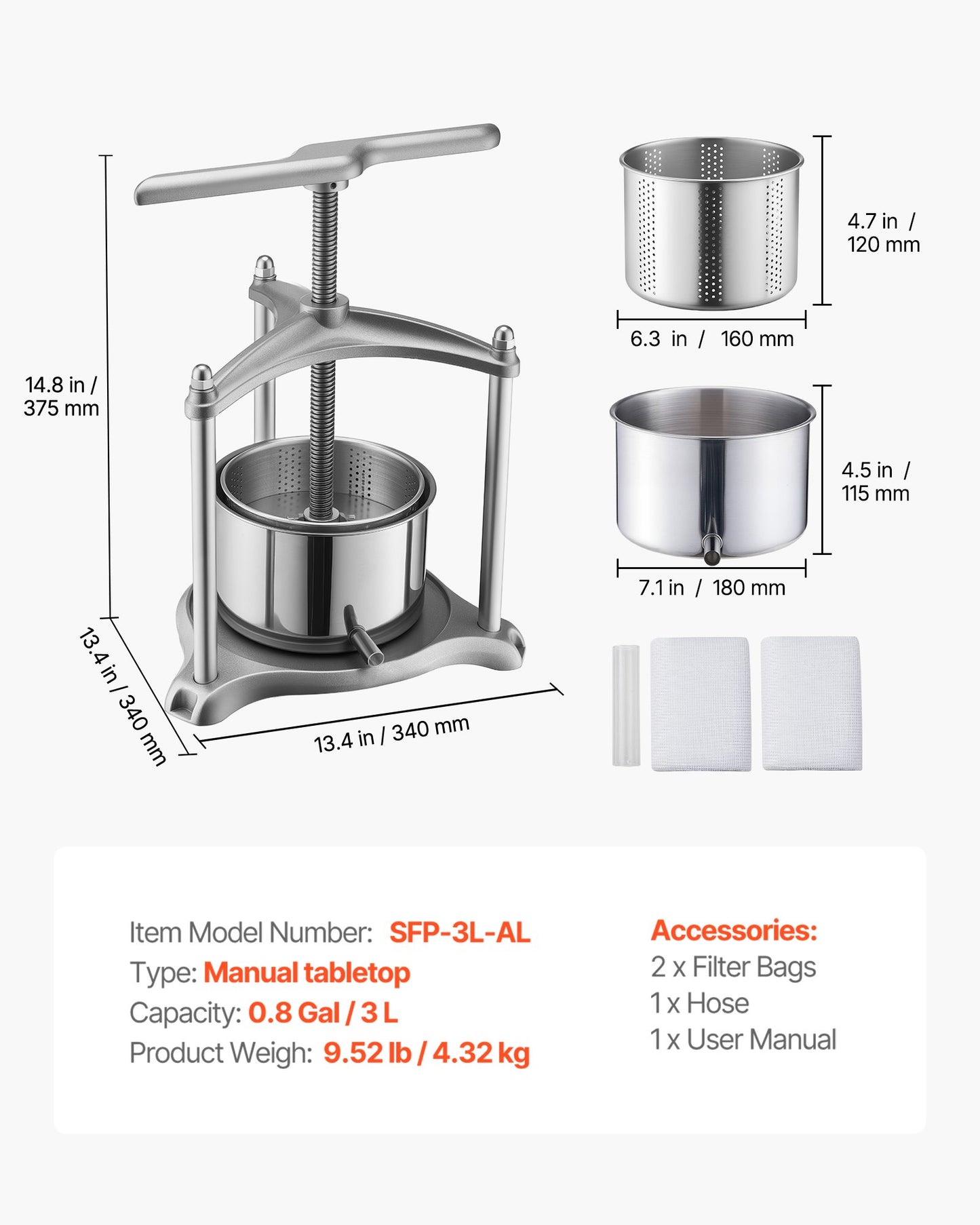 Fruit Wine Press, 0.8 Gallon/3L, Stainless Steel Manual Juice Maker with Powerful T-Shaped Handle, Juice Making for Apple/Grape/Orange/Berry, Cheese/Tincture/Herbal Press, for Kitchen Home