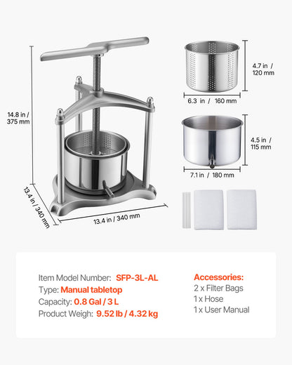 Fruit Wine Press, 0.8 Gallon/3L, Stainless Steel Manual Juice Maker with Powerful T-Shaped Handle, Juice Making for Apple/Grape/Orange/Berry, Cheese/Tincture/Herbal Press, for Kitchen Home