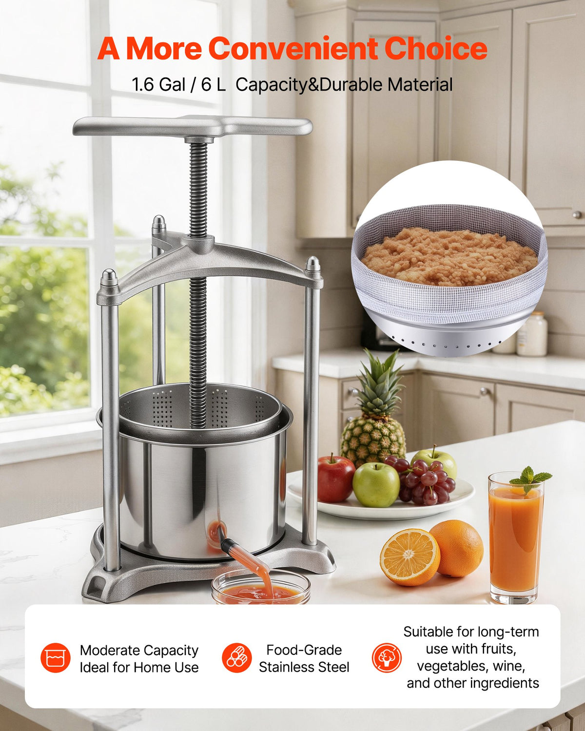 Fruit Wine Press, 1.6 Gallon/6L, Stainless Steel Manual Juice Maker with Powerful T-Shaped Handle, Juice Making for Apple/Grape/Orange/Berry, Cheese/Tincture/Herbal Press, for Kitchen Home