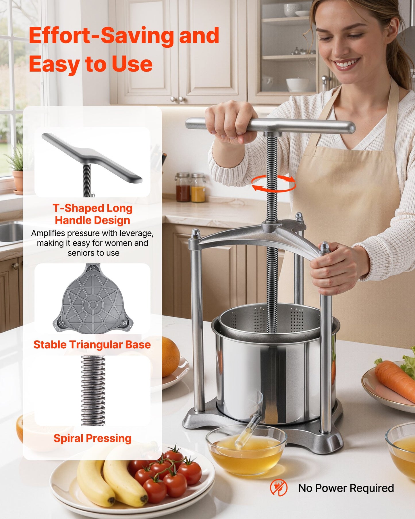 Fruit Wine Press, 1.6 Gallon/6L, Stainless Steel Manual Juice Maker with Powerful T-Shaped Handle, Juice Making for Apple/Grape/Orange/Berry, Cheese/Tincture/Herbal Press, for Kitchen Home