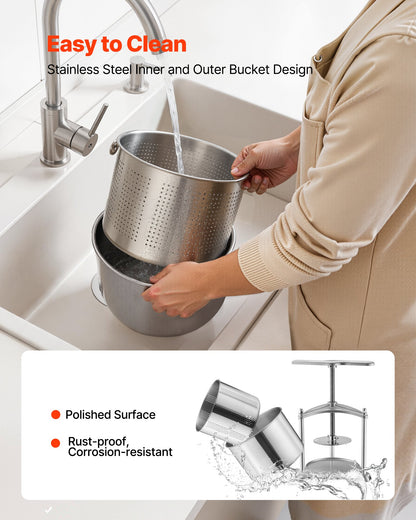 Fruit Wine Press, 1.6 Gallon/6L, Stainless Steel Manual Juice Maker with Powerful T-Shaped Handle, Juice Making for Apple/Grape/Orange/Berry, Cheese/Tincture/Herbal Press, for Kitchen Home