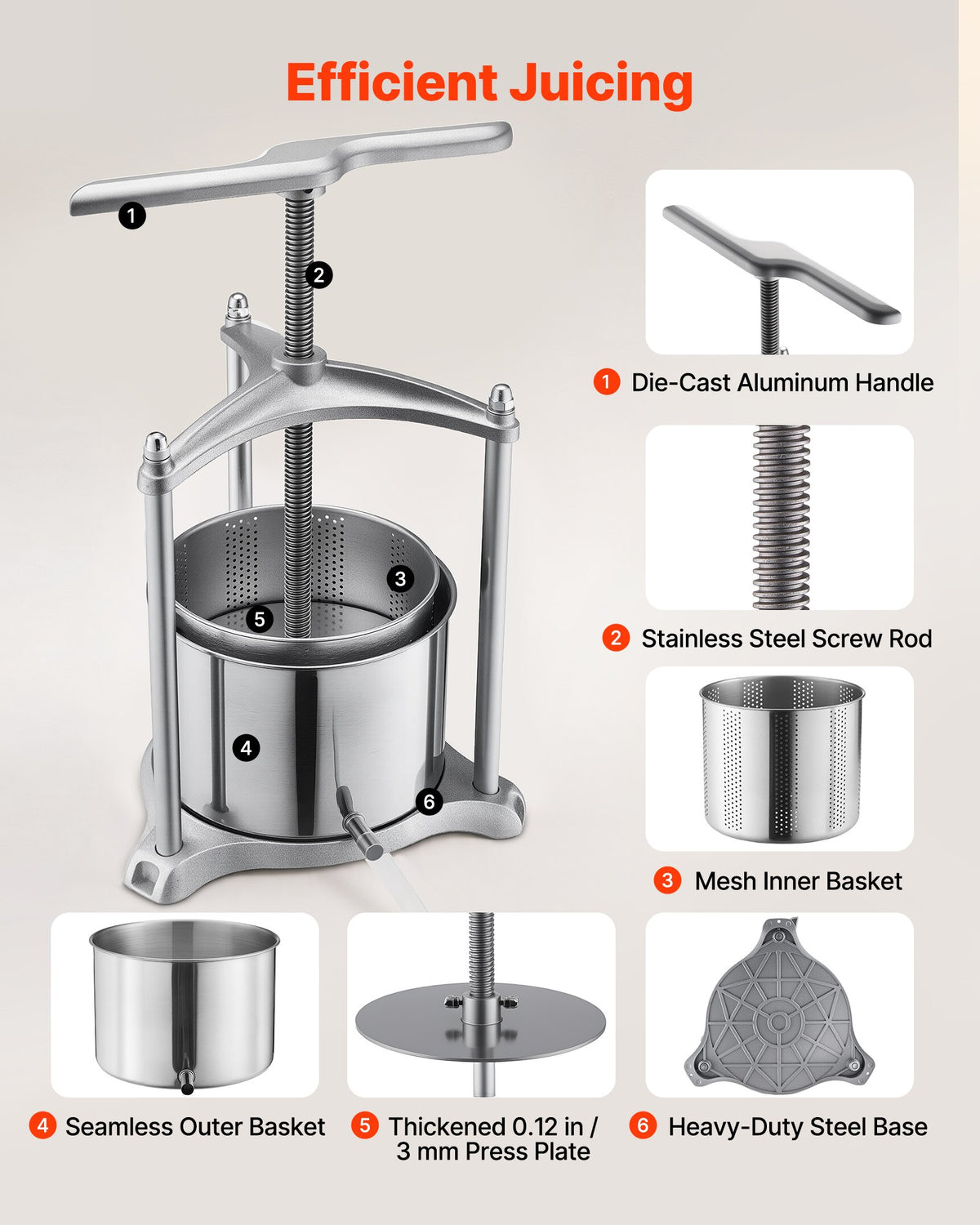 Fruit Wine Press, 1.6 Gallon/6L, Stainless Steel Manual Juice Maker with Powerful T-Shaped Handle, Juice Making for Apple/Grape/Orange/Berry, Cheese/Tincture/Herbal Press, for Kitchen Home