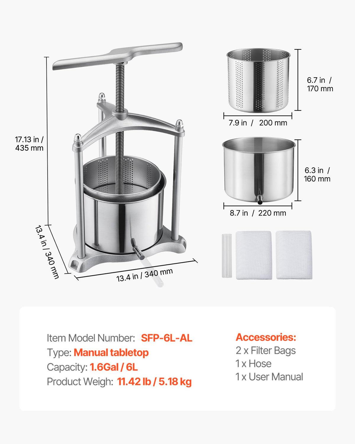 Fruit Wine Press, 1.6 Gallon/6L, Stainless Steel Manual Juice Maker with Powerful T-Shaped Handle, Juice Making for Apple/Grape/Orange/Berry, Cheese/Tincture/Herbal Press, for Kitchen Home