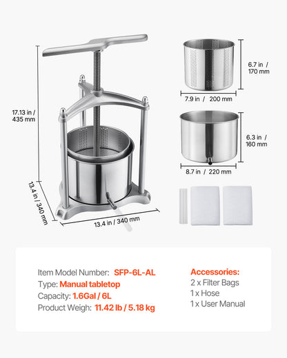 Fruit Wine Press, 1.6 Gallon/6L, Stainless Steel Manual Juice Maker with Powerful T-Shaped Handle, Juice Making for Apple/Grape/Orange/Berry, Cheese/Tincture/Herbal Press, for Kitchen Home