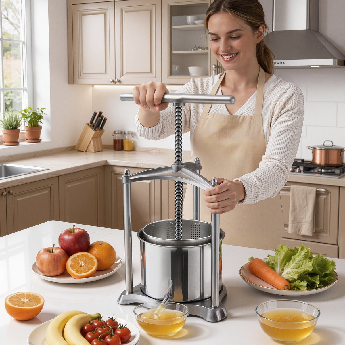 Fruit Wine Press, 1.6 Gallon/6L, Stainless Steel Manual Juice Maker with Powerful T-Shaped Handle, Juice Making for Apple/Grape/Orange/Berry, Cheese/Tincture/Herbal Press, for Kitchen Home