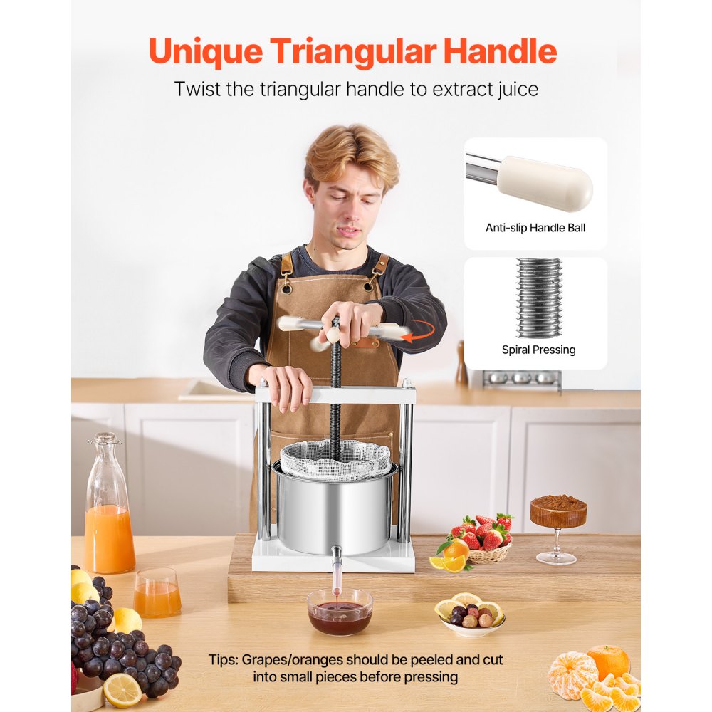 VEVOR Fruit Wine Press Manual Press for Wine Making 1.45 Gal/5L Stainless Steel
