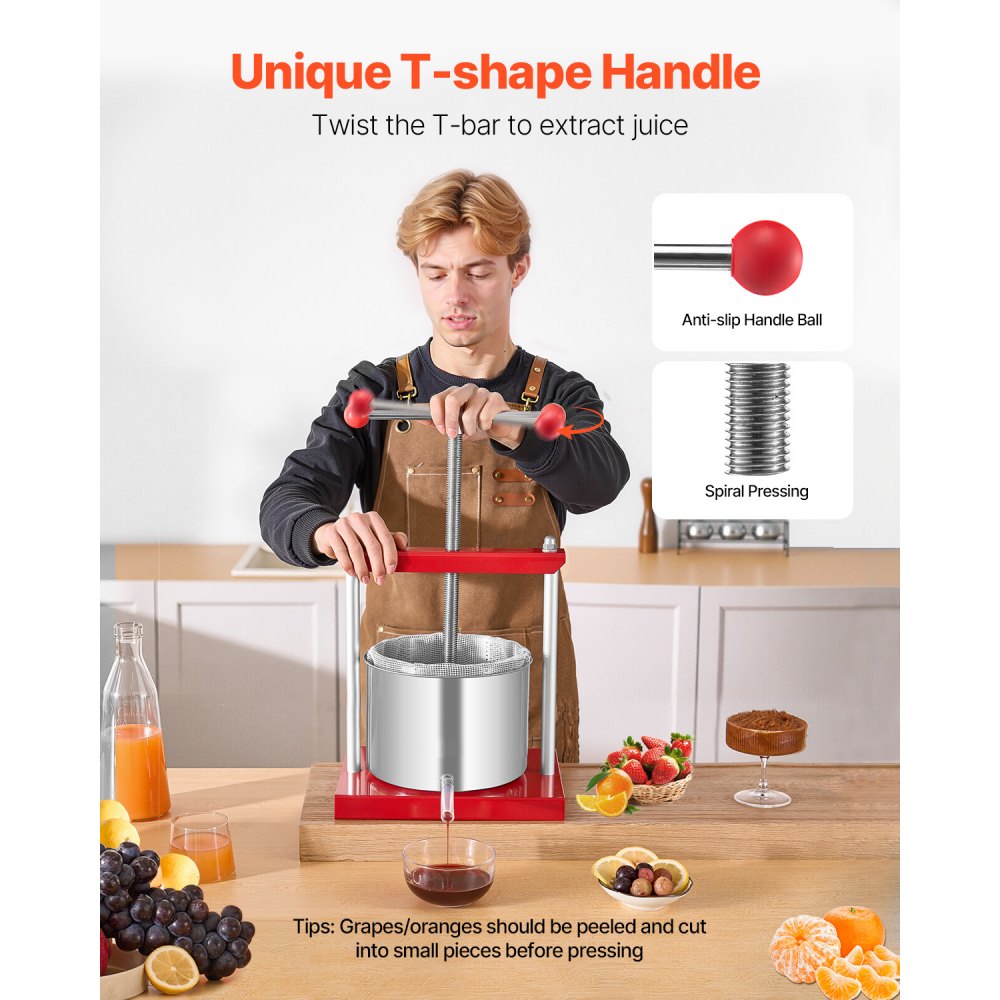VEVOR Fruit Wine Press Manual Press for Wine Making 1.6 Gal/6L Stainless Steel