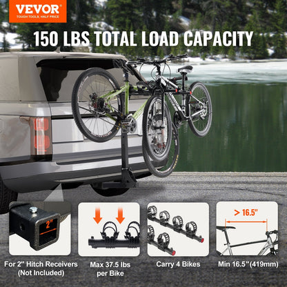 4-Bike Hitch Rack, Folding & Tiltable Carrier for Car/Truck/SUV, 68 kg Capacity