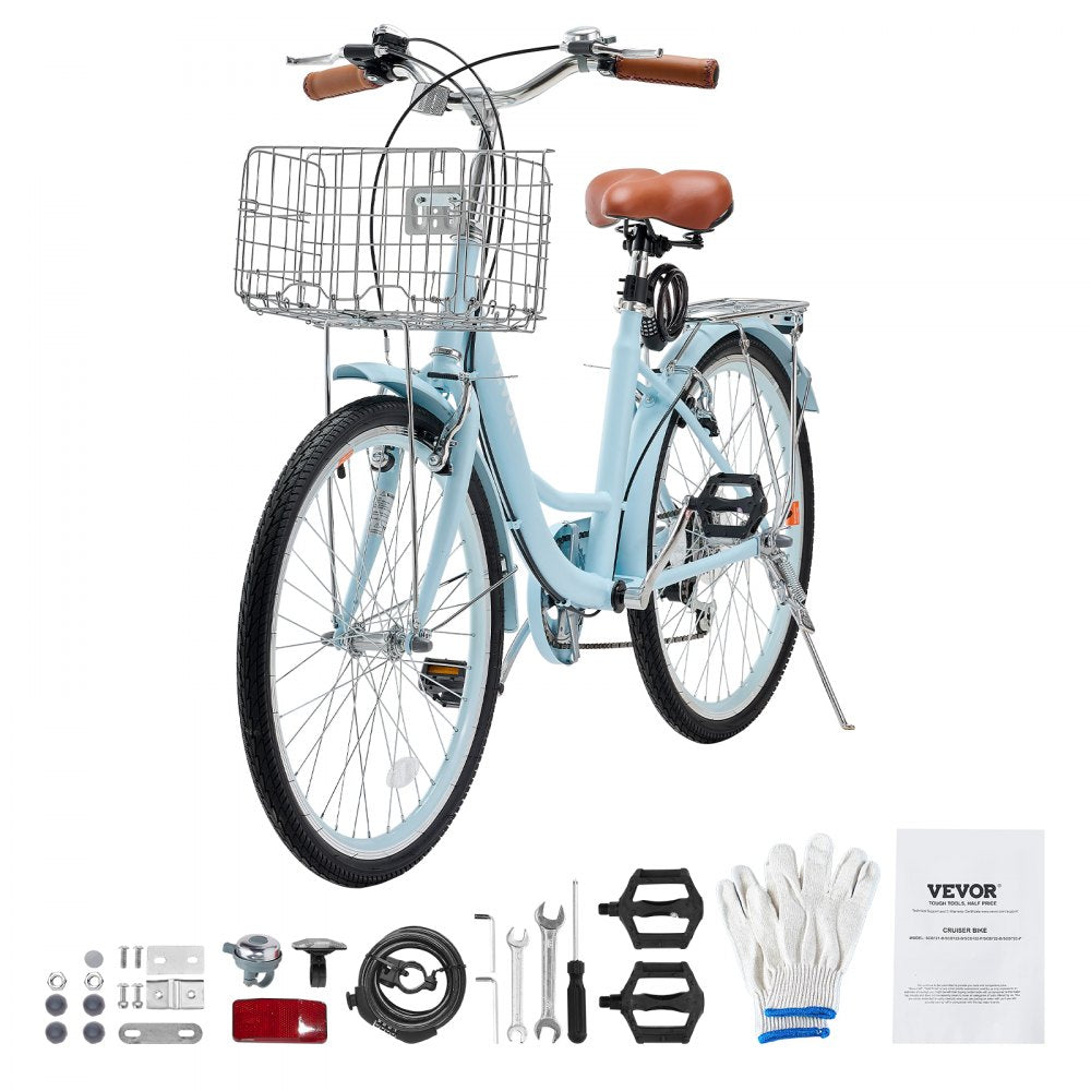 VEVOR 24-Inch Cruiser Bike 7-Speed Light Blue Beach Cruiser Bike with Basket