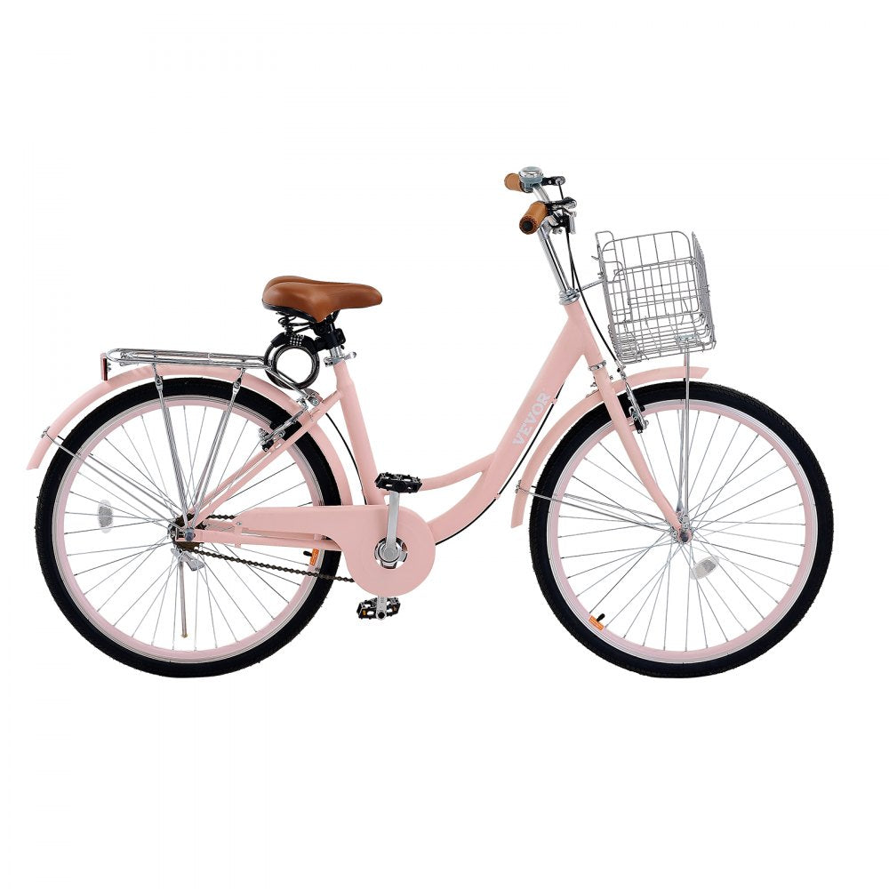 VEVOR 26-Inch Cruiser Bike 1-Speed Pink Beach Cruiser Bike with Basket