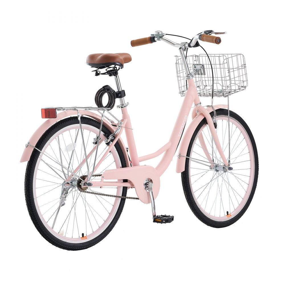 VEVOR 26-Inch Cruiser Bike 1-Speed Pink Beach Cruiser Bike with Basket