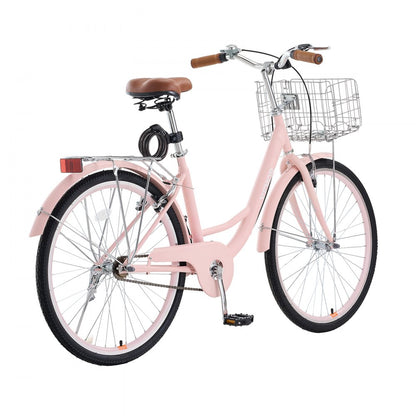 VEVOR 26-Inch Cruiser Bike 1-Speed Pink Beach Cruiser Bike with Basket