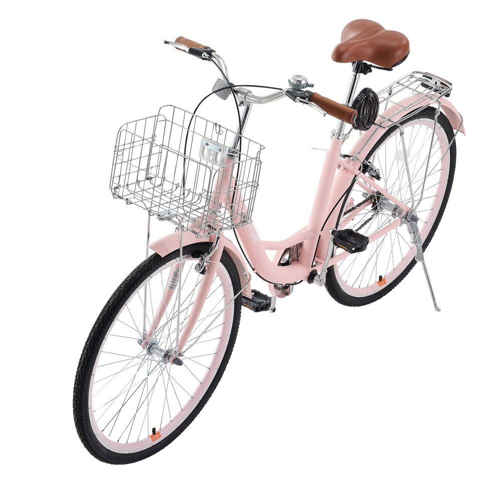 VEVOR 26-Inch Cruiser Bike 1-Speed Pink Beach Cruiser Bike with Basket