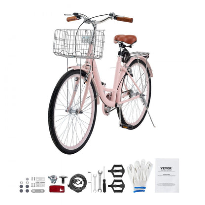 VEVOR 26-Inch Cruiser Bike 1-Speed Pink Beach Cruiser Bike with Basket