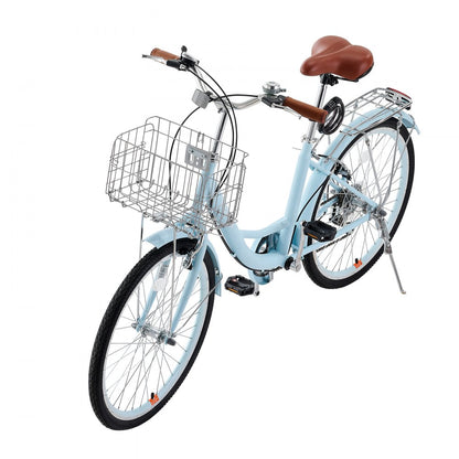 VEVOR 26-Inch Cruiser Bike 7-Speed Light Blue Beach Cruiser Bike with Basket