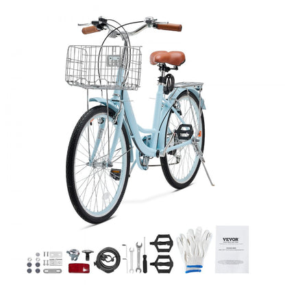 VEVOR 26-Inch Cruiser Bike 7-Speed Light Blue Beach Cruiser Bike with Basket