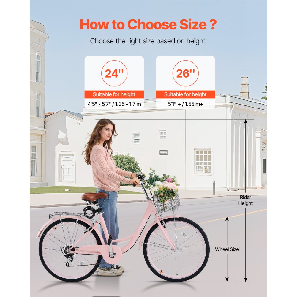 VEVOR 26-Inch Cruiser Bike 7-Speed Pink Beach Cruiser Bike with Basket ...