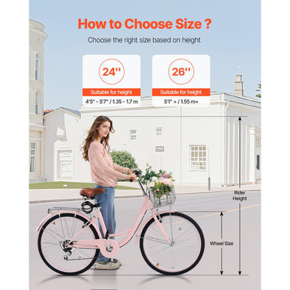 VEVOR 26-Inch Cruiser Bike 7-Speed Pink Beach Cruiser Bike with Basket