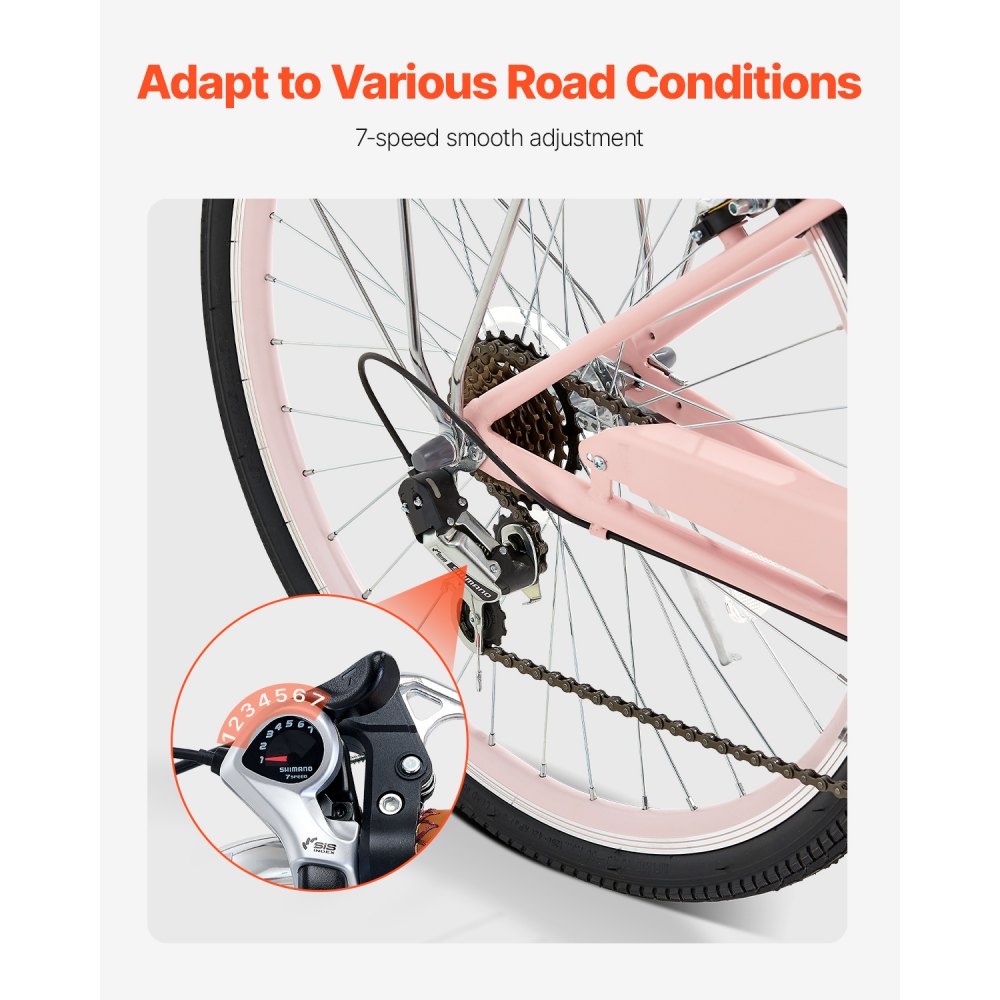 VEVOR 26-Inch Cruiser Bike 7-Speed Pink Beach Cruiser Bike with Basket ...