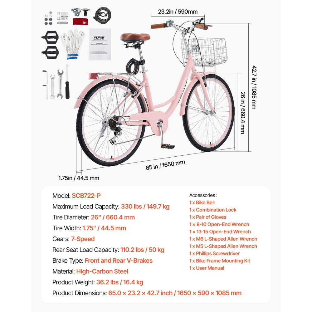 VEVOR 26-Inch Cruiser Bike 7-Speed Pink Beach Cruiser Bike with Basket