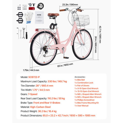 VEVOR 26-Inch Cruiser Bike 7-Speed Pink Beach Cruiser Bike with Basket