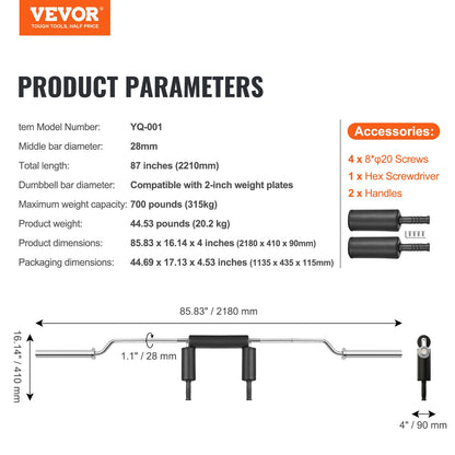 VEVOR Safety Squat Bar, 318kg Fitness Squat Bar, Safety Squat Bar Attachment with