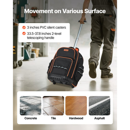 VEVOR Rolling Tool Backpack 45 Pockets Heavy Duty Roller Tool Bag on Wheels