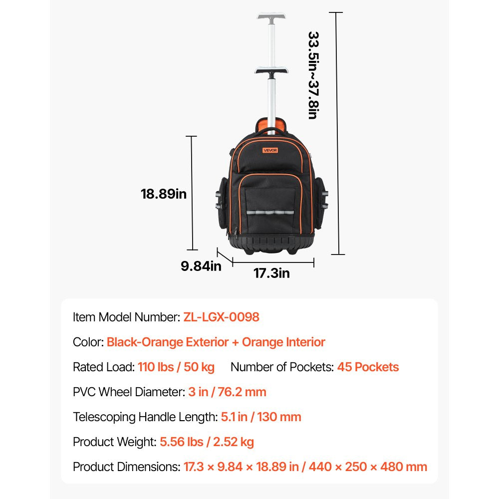 VEVOR Rolling Tool Backpack 45 Pockets Heavy Duty Roller Tool Bag on Wheels