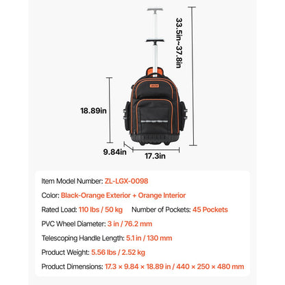 VEVOR Rolling Tool Backpack 45 Pockets Heavy Duty Roller Tool Bag on Wheels