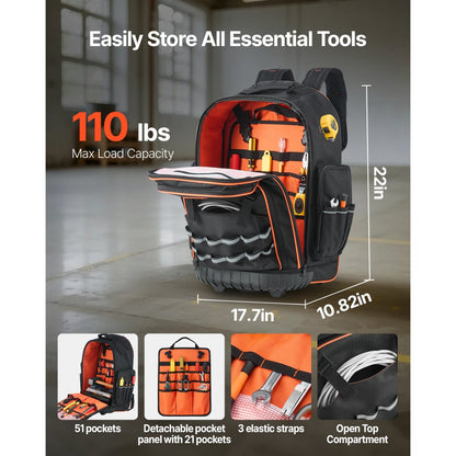 VEVOR Rolling Tool Backpack 72 Pockets Heavy Duty Roller Tool Bag on Wheels