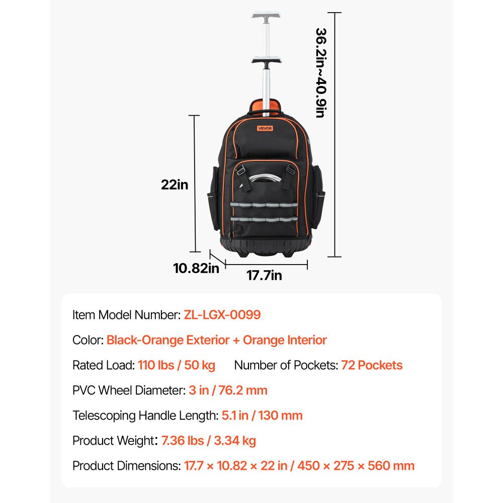 VEVOR Rolling Tool Backpack 72 Pockets Heavy Duty Roller Tool Bag on Wheels