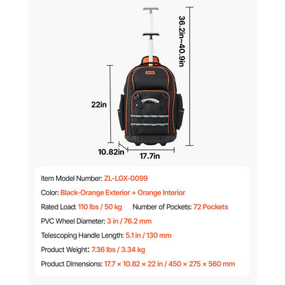 VEVOR Rolling Tool Backpack 72 Pockets Heavy Duty Roller Tool Bag on Wheels