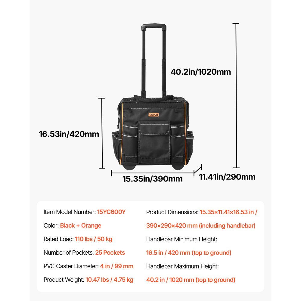 VEVOR Rolling Tool Bag 25 Pockets Heavy Duty Roller Tool Bag on Wheels