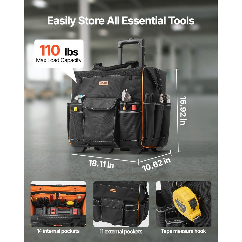 VEVOR Rolling Tool Bag 25 Pockets Heavy Duty Roller Tool Bag Telescoping Handle