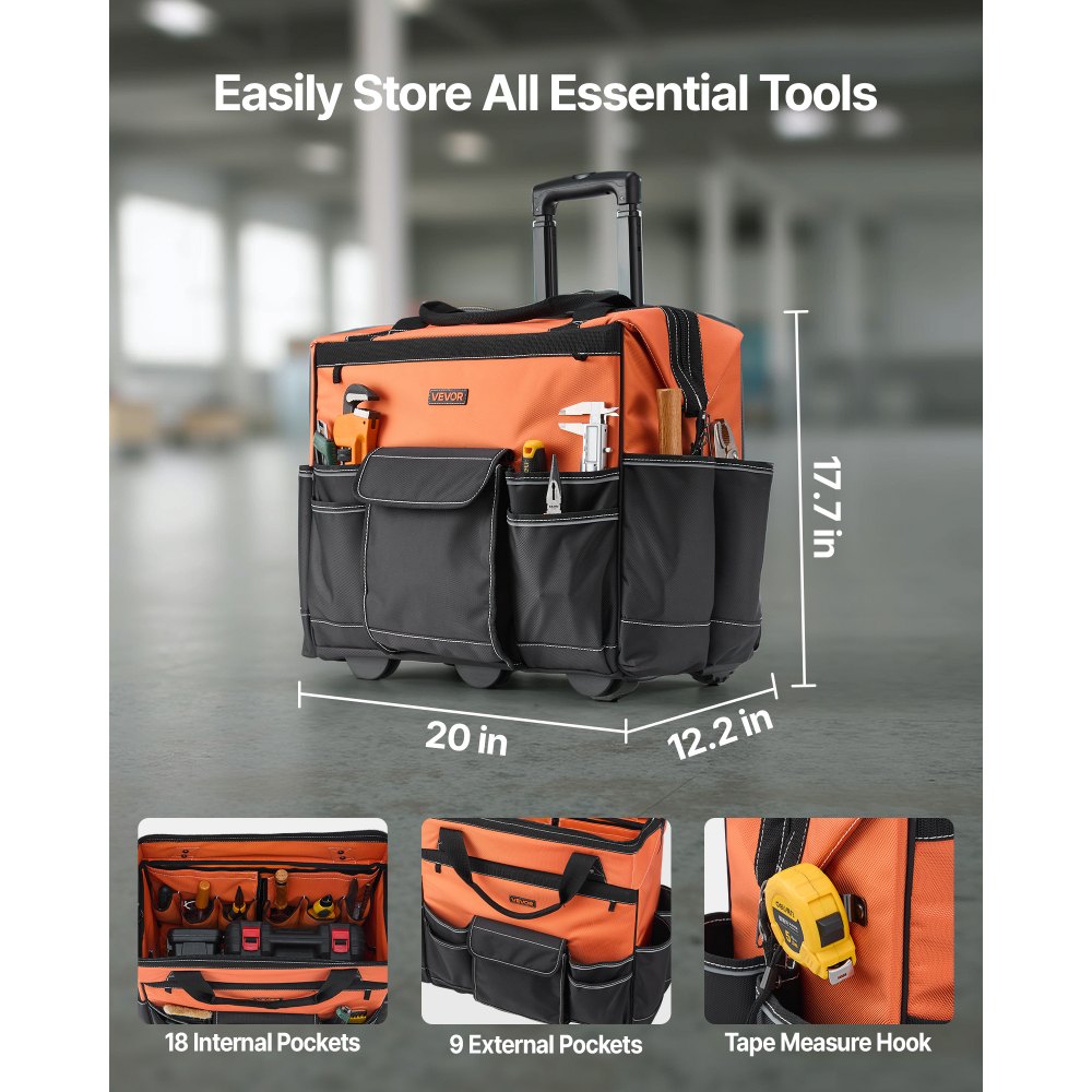 VEVOR Rolling Tool Bag 27 Pockets Heavy Duty Roller Tool Bag on Wheels