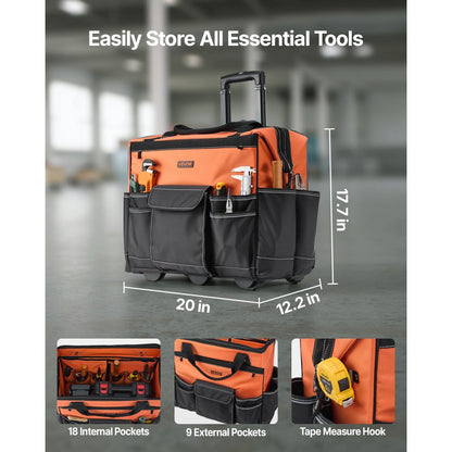 VEVOR Rolling Tool Bag 27 Pockets Heavy Duty Roller Tool Bag on Wheels