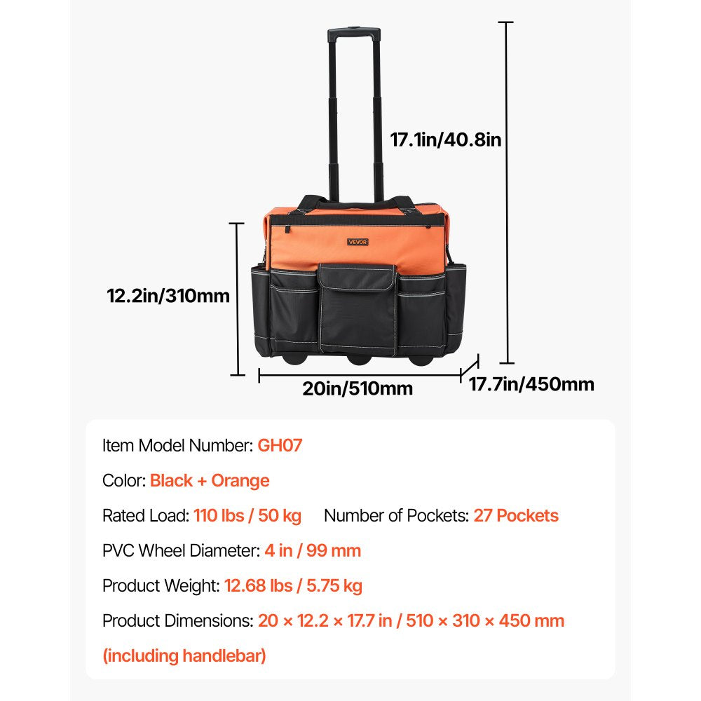 VEVOR Rolling Tool Bag 27 Pockets Heavy Duty Roller Tool Bag on Wheels