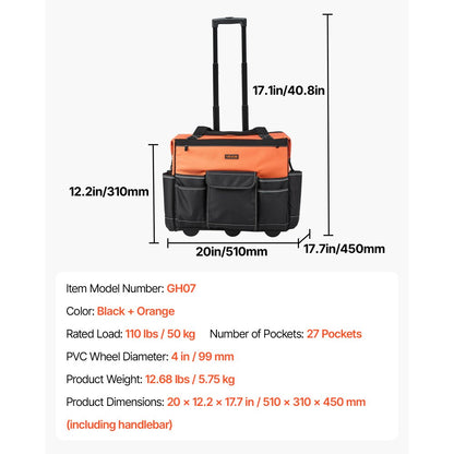 VEVOR Rolling Tool Bag 27 Pockets Heavy Duty Roller Tool Bag on Wheels