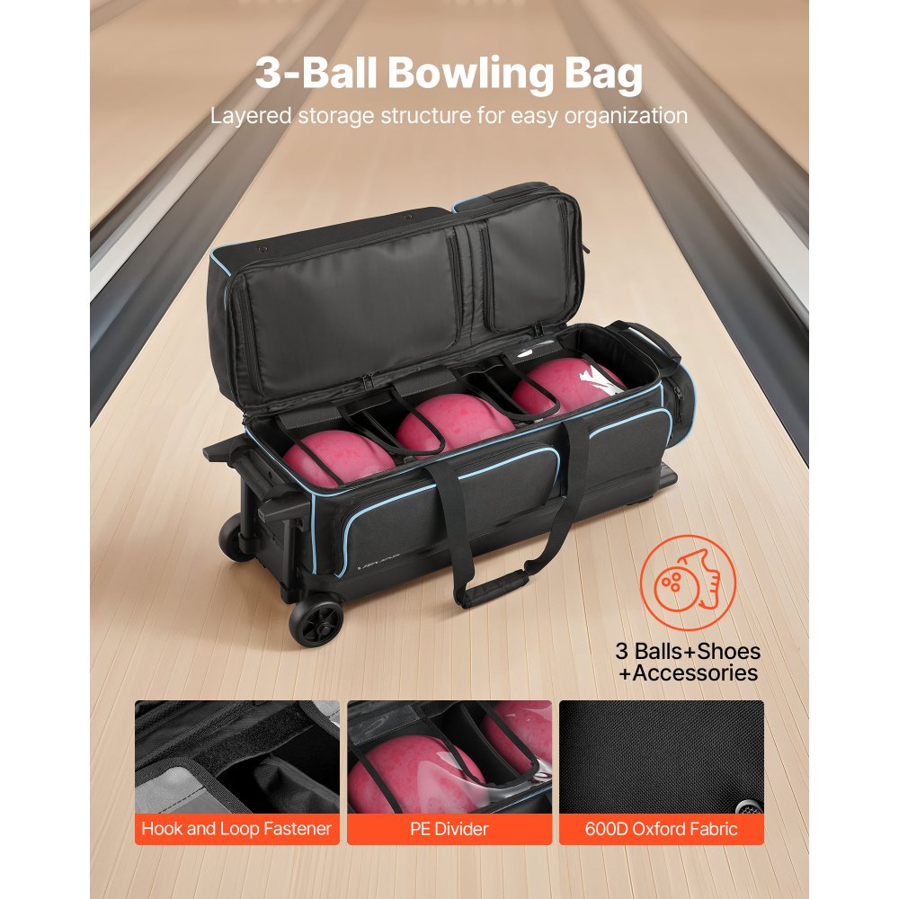 VEVOR 3 Ball Bowling Bag with Wheels Double Roller Bowling Bag Shoe Compartment
