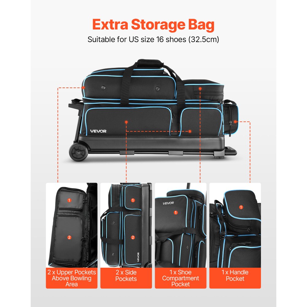 VEVOR 3 Ball Bowling Bag with Wheels Double Roller Bowling Bag Shoe Compartment