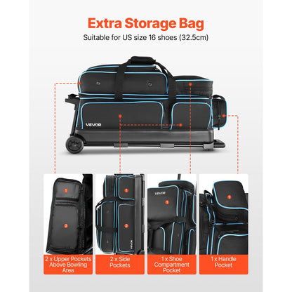 VEVOR 3 Ball Bowling Bag with Wheels Double Roller Bowling Bag Shoe Compartment